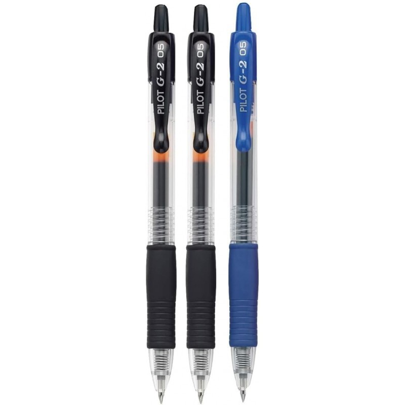 Pilot G2 Premium Gel-Tintenroller, einziehbar, extrafeine Spitze (0,5 mm), schwarze/blaue Tinte, 3er-Pack; nachfüllbar und Premium-Komfortgriff, Paket mit wiederverwendbarer Plastikhülle