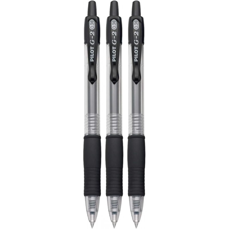 Pilot G2 Einziehbarer Premium-Geltinten-Rollerkugelschreiber, ultrafeine Spitze (0,38 mm), schwarze Tinte, 3er-Pack; nachfüllbar und Premium-Komfortgriff-Paket mit wiederverwendbarer Kunststofftasche