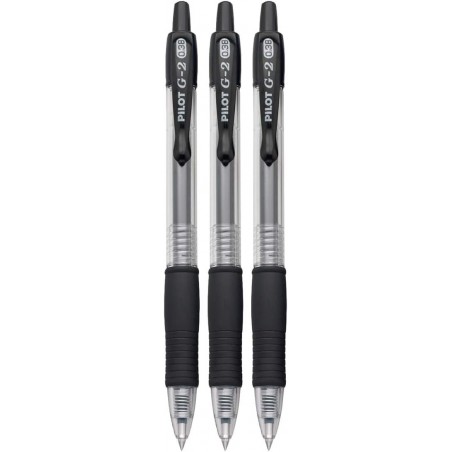 Pilot G2 Einziehbarer Premium-Geltinten-Rollerkugelschreiber, ultrafeine Spitze (0,38 mm), schwarze Tinte, 3er-Pack; nachfüllbar und Premium-Komfortgriff-Paket mit wiederverwendbarer Kunststofftasche