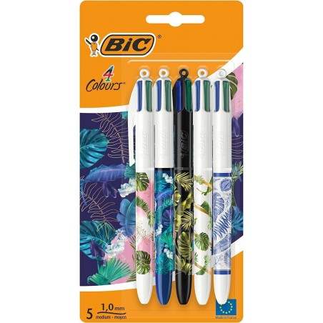 Bic 4-Farben-Stifte All-in-One, Mehrfarbige Stifte All-in-One, Druckkugelschreiber, Mittel 1,0 mm, Grün, Blau, Rot, Schwarz, 5 Stifte pro Packung, 1 Packung