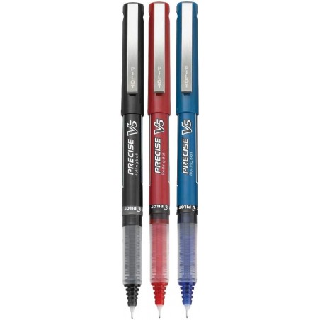 Pilot Precise V5 Stick Rolling Ball Pens, extra feine Spitze (0,5 mm), verschiedene Farben, schwarze/blaue/rote Tinte, 3er-Pack; Paket mit wiederverwendbarer Plastikhülle