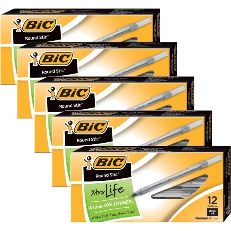 BIC Round Stic Kugelschreiber, mittlere Spitze, 1,0 mm, schwarze Tinte, 60er-Pack (GSM11BK)