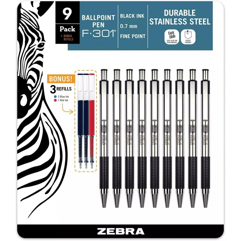 ZEBRA F-301 Druckkugelschreiber, schwarze Tinte, feine Spitze, 9 Stifte pro Packung, nachfüllbare Stifte mit Mine, 0,7 mm Edelstahl