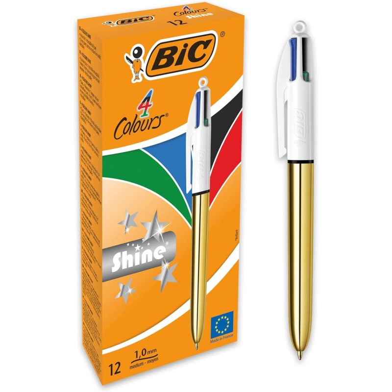 Bic 4 Colours Shine Kugelschreiber, mittlere Spitze (1,0 mm), Schaft in Metallic-Gold, Schachtel mit 12 Stück