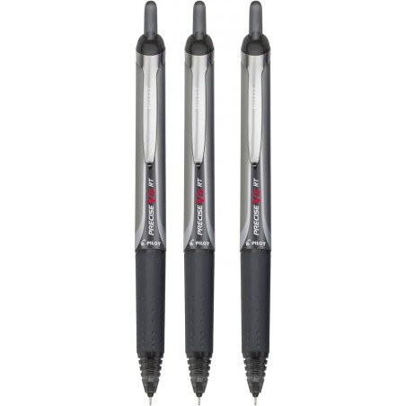 Pilot Precise V5 RT Druckkugelschreiber, extrafeine Spitze (0,5 mm), schwarze Tinte, 3er-Pack, hochwertiger Komfortgriff, Paket mit wiederverwendbarer Plastikhülle