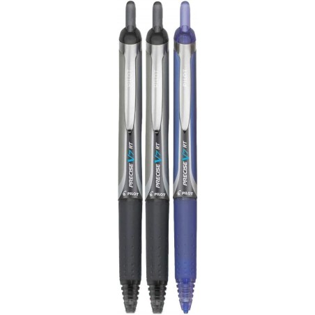 Pilot Precise V7 RT Druckkugelschreiber, feine Spitze (0,7 mm), verschiedene Farben, schwarze/blaue Tinte, 3er-Pack, hochwertiger Komfortgriff, Paket mit wiederverwendbarer Plastikhülle