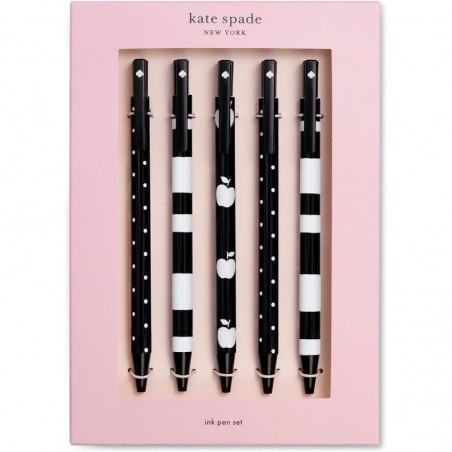 Kate Spade New York 5er-Set schwarzer Tintenstifte, süße Klickstifte aus Kunststoff, Punkte und Streifen