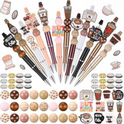 Geyee 12er-Set Perlenstifte mit Kaffeemotiv, verschiedene Perlenstifte, Holzperlen, Kristall-Abstandsperlen-Set, runde Perlen, Kugelschreiber mit schwarzer Tinte, DIY-Perlenstift-Set für Frauen und Männer, Geschenk, Bürobedarf