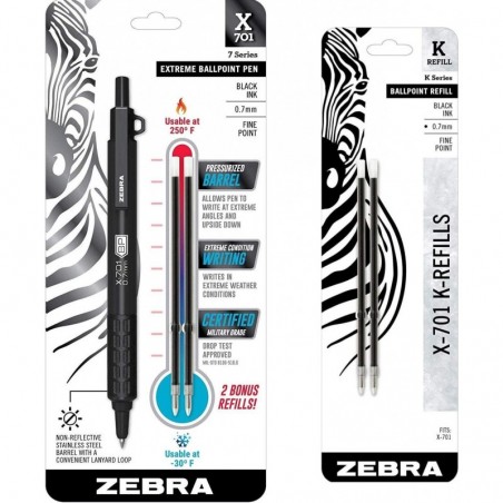 Zebra Pen X-701 Taktischer Kugelschreiber mit 4 Bonus-Minen, feine Spitze, 0,7 mm, schwarze Tinte