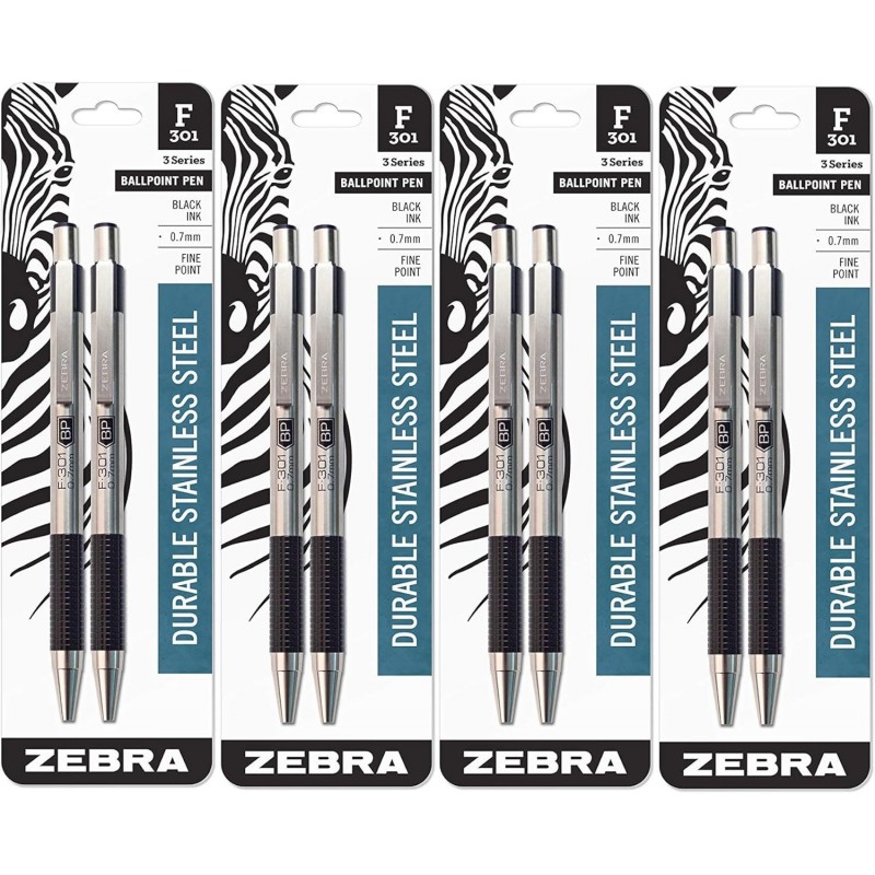 Zebra F-301 Druckkugelschreiber, schwarze Tinte, feine Spitze, 8 Stifte pro Packung, nachfüllbare Stifte mit Mine, 0,7 mm, Edelstahl