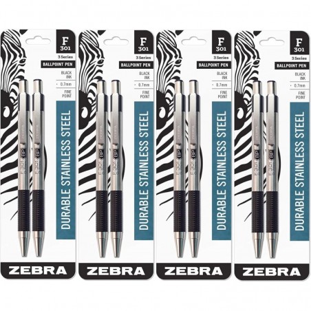 Zebra F-301 Druckkugelschreiber, schwarze Tinte, feine Spitze, 8 Stifte pro Packung, nachfüllbare Stifte mit Mine, 0,7 mm, Edelstahl