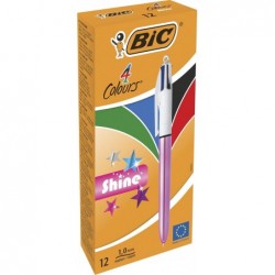 BIC 4 Colours Shine Kugelschreiber – Schachtel mit 12 Stück – Gehäuse in Metallic-Pink mit 4 Tintenfarben (Blau, Schwarz, Rot, Grün)