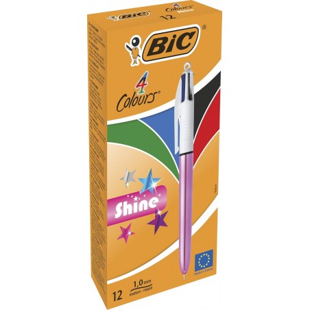 BIC 4 Colours Shine Kugelschreiber – Schachtel mit 12 Stück – Gehäuse in Metallic-Pink mit 4 Tintenfarben (Blau, Schwarz, Rot, Grün)