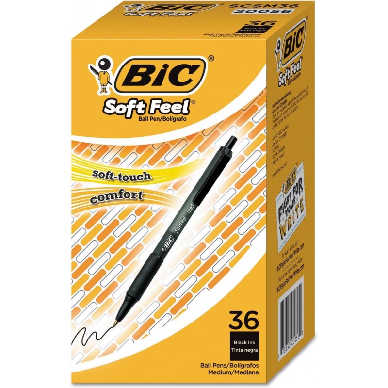 BIC SCSM361BK Druckkugelschreiber „Soft Feel“, Schwarz, 1 mm, Mittel, 36 Stück/Packung