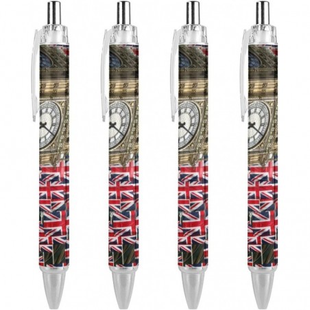 4er-Pack Druckkugelschreiber, Big Ben, Union Jack, britische Flagge, London, England, extrafeine Spitze 0,5 mm, schwarze Tinte, nachfüllbarer Kugelschreiber mit leichtem Schreibgefühl, Tintenroller fürs College-Büro