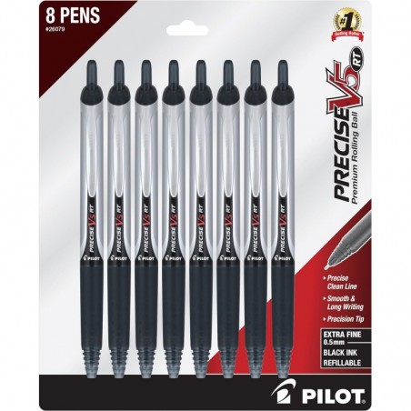 PILOT Precise V5 Druckkugelschreiber mit Flüssigtinte, extrafeine Spitze (0,5 mm), schwarze Tinte, 8 Stifte