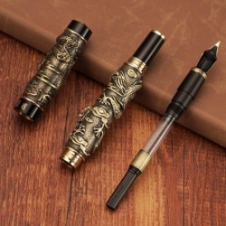 Bronzefarbener Jinhao Vintage Luxury Dragon Füllfederhalter Playing Pearl, mittlere Feder 0,7 mm Metallschnitzerei, geprägter schwerer Stift