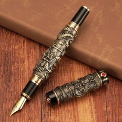 Bronzefarbener Jinhao Vintage Luxury Dragon Füllfederhalter Playing Pearl, mittlere Feder 0,7 mm Metallschnitzerei, geprägter schwerer Stift