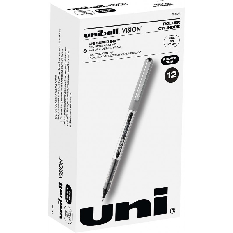 uni-ball 60126 Vision Rollerball-Stift, wasserfest, schwarze Tinte, feines Dutzend