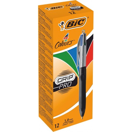 BIC 4 Colours Grip Pro Druckkugelschreiber mit mittlerer Spitze (1,0 mm), 12 Stifte und jeder Stift enthält 4 Farben