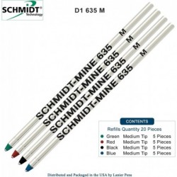 Schmidt 635 D1 Minen-Kugelschreibermine, schwarze, blaue, grüne, rote Tinte (mittlere Spitze 0,7 mm), 20er-Packung