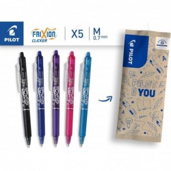 Pilot FriXion Clicker - radierbarer Tintenroller, 5er-Set (Blau, Schwarz, Pink, Hellblau, Lila)