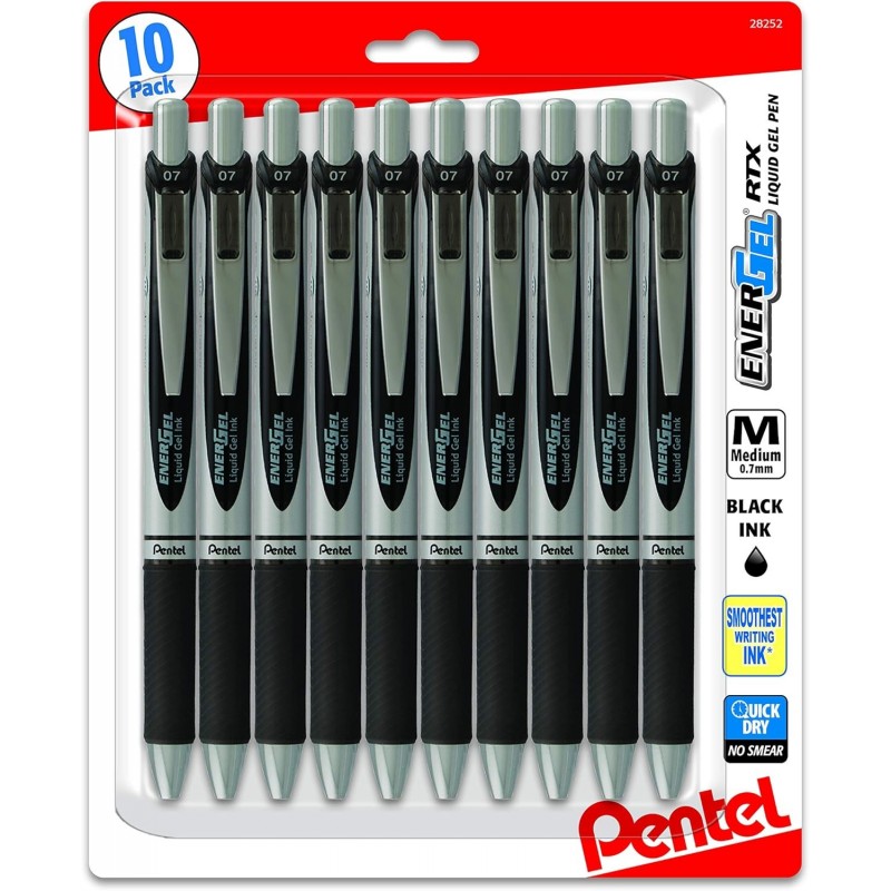 Pentel Energel 0,7 mm RTX Deluxe Flüssiggelstift mit Druckknopf, Großpackung mit 10 schwarzen Tinten aus Metall, mittlere Strichstärke, Metallspitze, Premium-Stifte, ideal für Büro, Schule und Zuhause, für Frauen und Männer