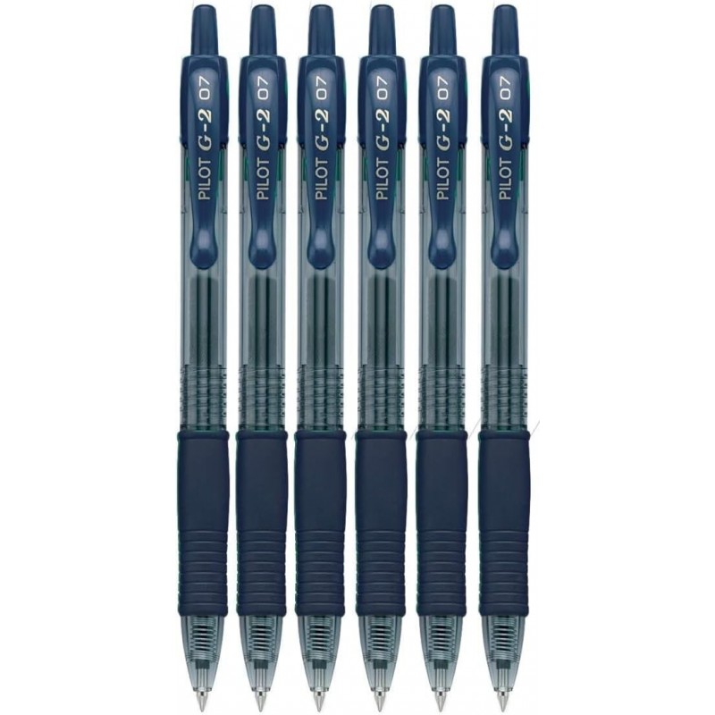 Pilot G2 Einziehbarer Premium-Geltinten-Rollerkugelschreiber, feine Spitze, feine Spitze (0,7 mm), marineblaue Tinte, 6er-Pack; nachfüllbar und Premium-Komfortgriff-Paket mit wiederverwendbarer Kunststofftasche