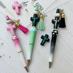 Perlenstifte mit Kreuzmotiv, Perlenstifte in großen Mengen und verschiedenen Farben, Perlenstift-DIY-Bastelset, mehrfarbiger Kugelschreiber, schwarze Tinte, für Frauen, Büro, Schule