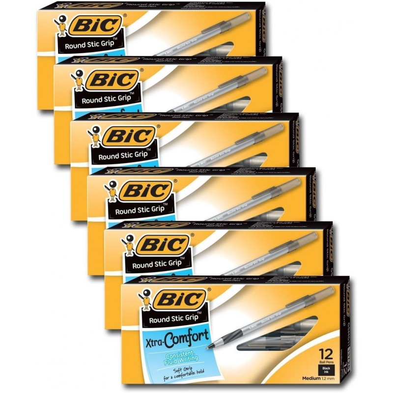 Bic Ultra Round Stic Grip Kugelschreiber, mittlere Spitze, 1,2 mm, schwarze Tinte (72 Stifte)