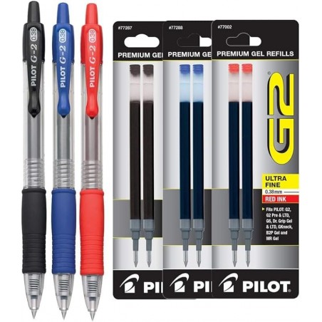 PILOT G2 Premium Gelschreiber mit nachfüllbarem und einziehbarem Rolling Ball, mit Minen, ultrafeine Spitze, schwarz-blau-rote Tinte, 6er-Paket mit Plastikbeutel