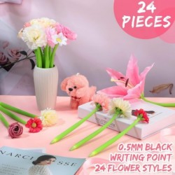 24 Stück Blumenstifte, Gänseblümchen, Rose, Lilie, Nelke, Blumenstifte für Frauen, Kugelschreiber mit Blumenspitze, schwarzer Geltintenstift, Geschenk für Frauen, Mutter, Bürobedarf, 0,5 mm (schön)