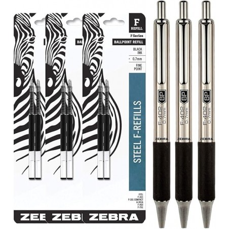 Zebra F-402 Kugelschreiber aus Edelstahl mit Minen, feine Spitze, 0,7 mm, schwarze Tinte, 6er-Paket mit wiederverwendbarer Plastikhülle