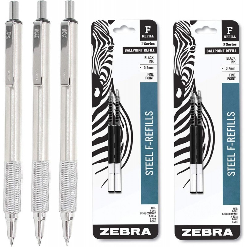 Zebra 29411 F-701 Kugelschreiber aus Edelstahl, Druckkugelschreiber, feine Spitze, 0,7 mm, schwarze Tinte, 3 Stifte mit Spiral-Kugelschreiberminen, 0,7 mm, feine Spitze, schwarze Tinte, 4er-Pack (85512)