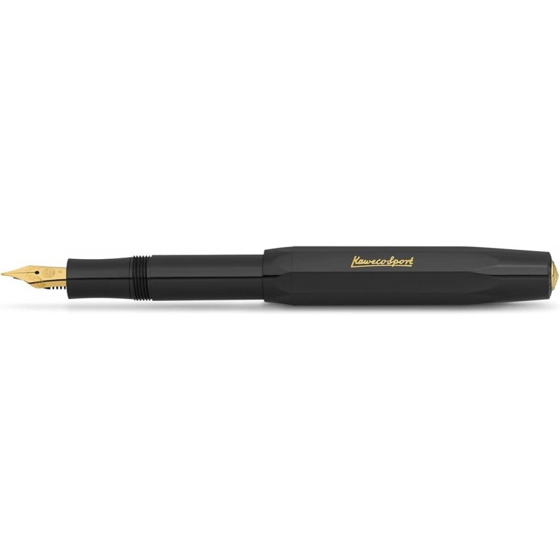 Kaweco CLASSIC SPORT Füllhalter schwarz mit 23 Karat vergoldeter Stahlfeder und Iridiumspitze für Tintenpatronen I Sport Füllhalter 13cm I Feder: F (Fein)