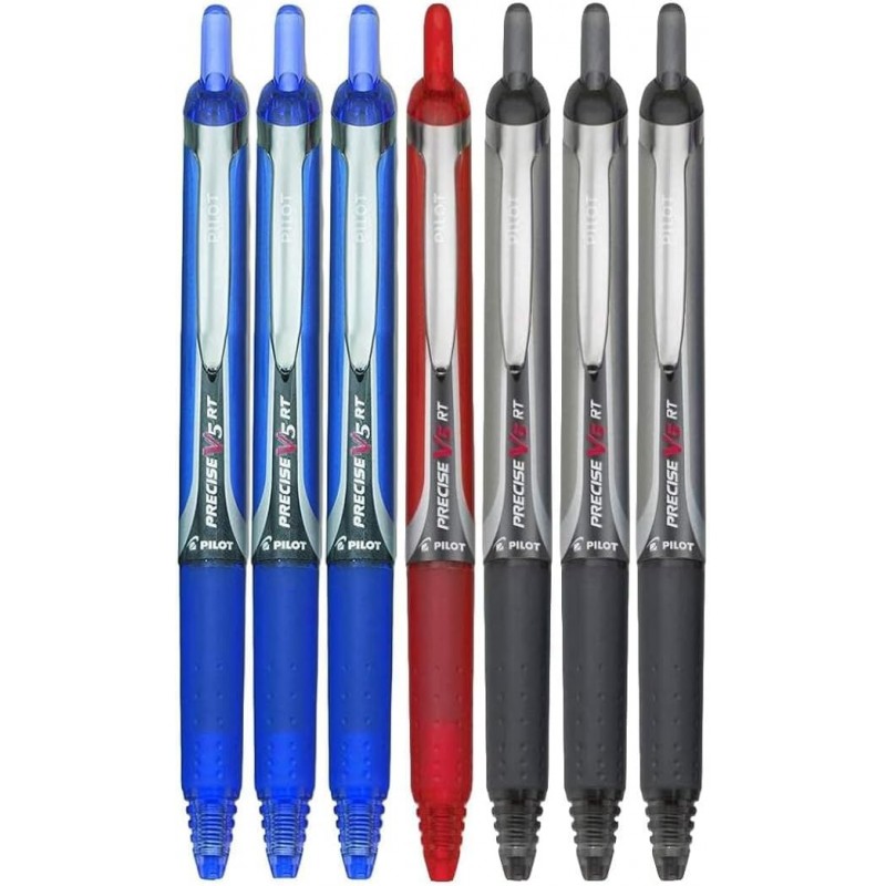 Pilot Precise V5 RT Druckkugelschreiber, extrafeine Spitze (0,5 mm), verschiedene Farben, schwarze/blaue/rote Tinte, 7er-Pack, hochwertiger Komfortgriff, Paket mit wiederverwendbarer Plastikhülle