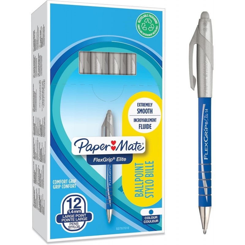 Paper Mate Flexgrip Elite Kugelschreiber | Große Spitze (1,4 mm) | Blau | Einziehbar | 12 Stück