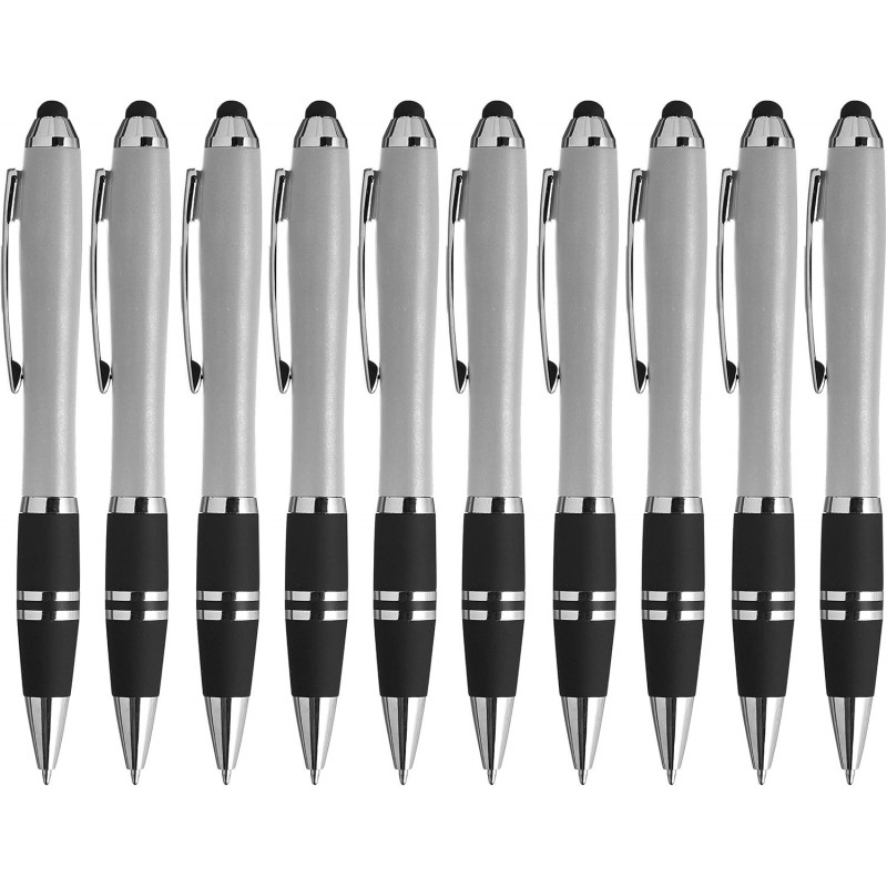 10er-Pack iPens mit Stylus-Griff und Kugelschreiber – Gummigriff, schwarze Tinte – Silber