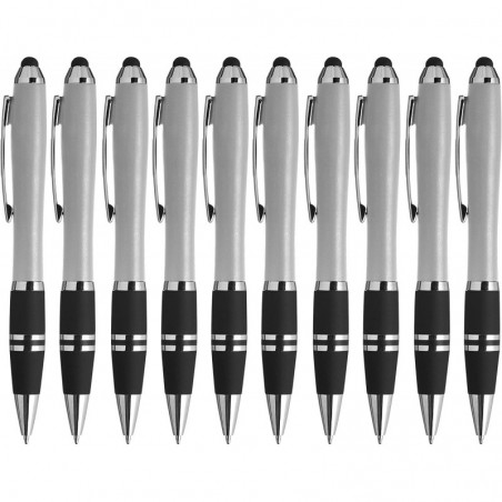 10er-Pack iPens mit Stylus-Griff und Kugelschreiber – Gummigriff, schwarze Tinte – Silber