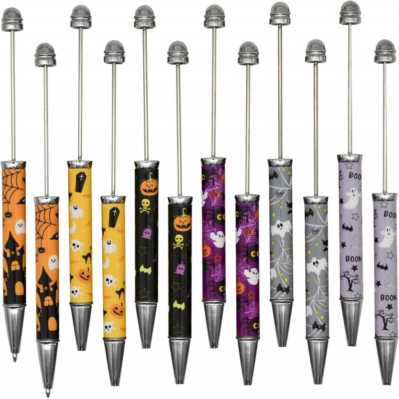 Maydahui 48 Stück Halloween-Kugelschreiber mit Perlen, einziehbarer Perlenstift, DIY-Schaft, Perlenstifte, Kürbis, Fledermaus, Totenkopf, Geist, Hexenhut-Stil, Metall, schwarze Tinte für Heimwerker, Schule, Party, Büro, Basteln