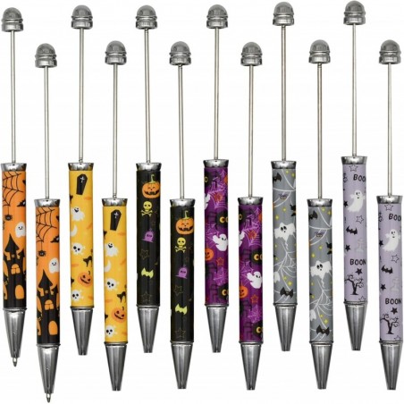 Maydahui 48 Stück Halloween-Kugelschreiber mit Perlen, einziehbarer Perlenstift, DIY-Schaft, Perlenstifte, Kürbis, Fledermaus, Totenkopf, Geist, Hexenhut-Stil, Metall, schwarze Tinte für Heimwerker, Schule, Party, Büro, Basteln