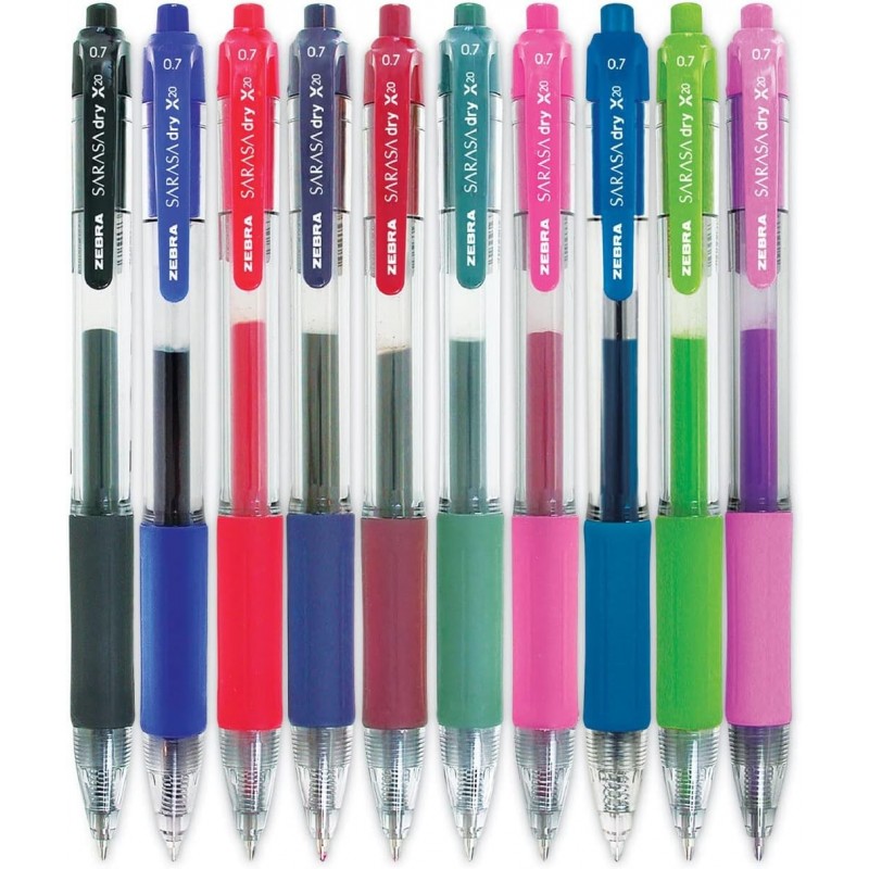 ZEB46881 – Tintenfarbe: sortiert (Schwarz, Blau, Kobalt, Waldgrün, Fuchsia, Hellgrün, Mahagoni, Marineblau, Rot, Violett) – Zebra Sarasa Gel-Rollerkugelschreiber mit Druckknopf – 10er-Set