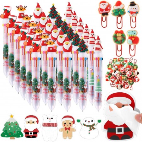 Eaasty 65 Stück Weihnachtsbriefpapier, Partygeschenke, Großpackung, 30 mehrfarbige Stifte, 10-in-1 farbige Kugelschreiber, 30 Büroklammern, Lesezeichen, 150 Blatt Weihnachtshaftnotizen, Weihnachtsgeschenke zum Geschenkaustausch