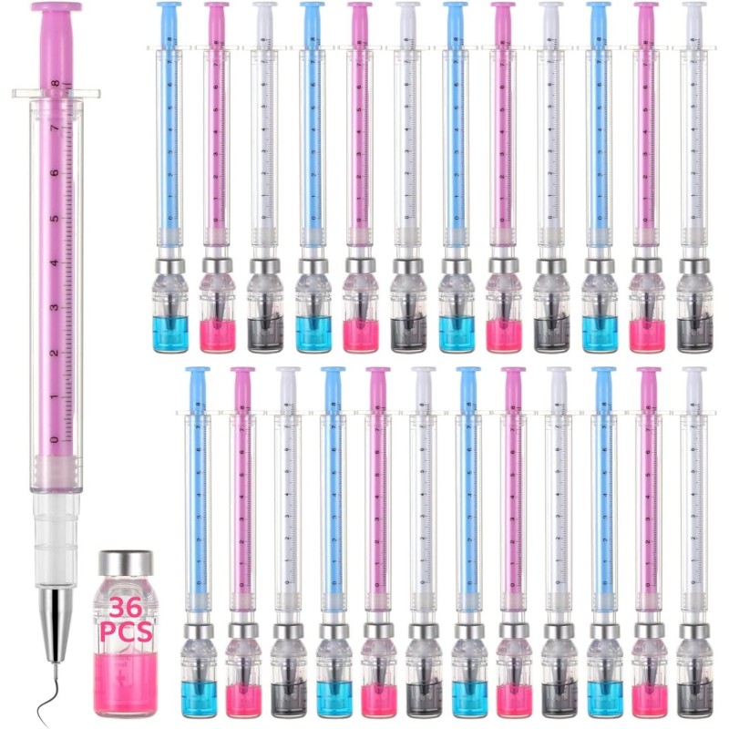 36 Stück Spritzenstifte, 0,5 mm Spritzenstift mit schwarzer Tinte, Gelstift mit Kappe, mehrfarbige lustige Krankenschwesterstifte, Spritzenstift zum Spielen mit imaginärem Arzt, originelle Stifte für die Schule, Bürobedarf, Partygeschenke, kleine Geschenke