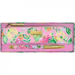 Lilly Pulitzer Set mit Metallstift und Reißverschlusstasche, schwarzer Tintenstift mit Stiftetui aus veganem Leder (über Amore Spritzer)