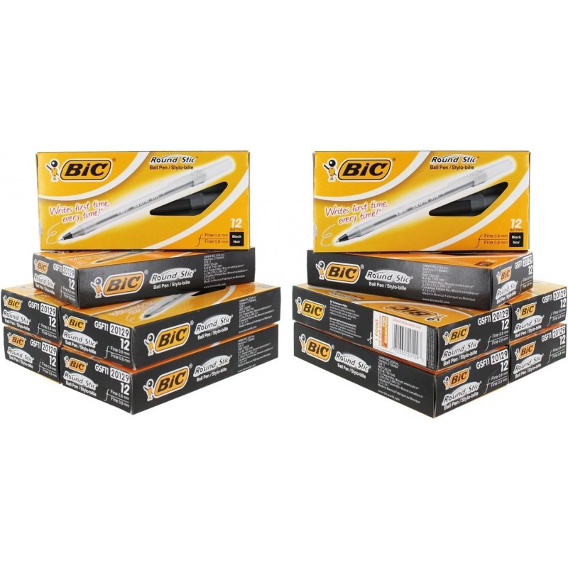 BIC Round Stic Kugelschreiber, feine Spitze, 0,8 mm, schwarze Tinte, 144 Stück (GSF11BK)