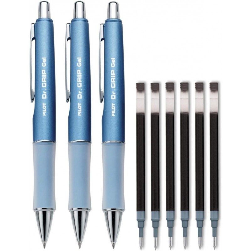 Pilot Dr. Grip Limited Gelschreiber mit einziehbarem Rolling Ball, feine Spitze, eisblau-metallic-Gehäuse, schwarze Tinte 3 Stifte (36271) mit 6 schwarzen Tintennachfüllungen