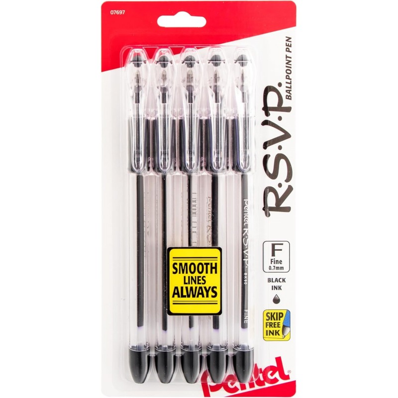 Pentel® RSVP® Kugelschreiber, feine Spitze, 0,7 mm, transparenter Schaft, schwarze Tinte, 5er-Pack