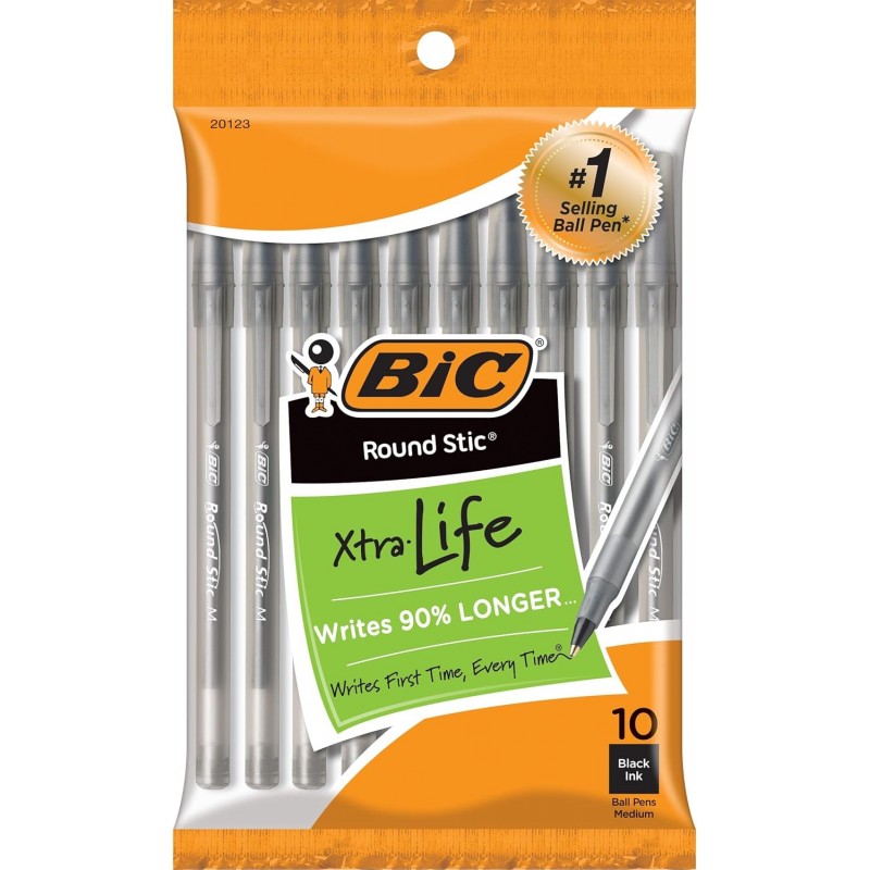 BIC Round Stic Xtra Life Kugelschreiber, mittlere Spitze (1,0 mm), schwarz, 10 Stück