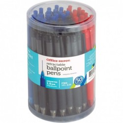 Office Depot® Druckkugelschreiber mit Griffstück, mittlere Spitze, 1,0 mm, schwarzer/blauer/roter Schaft, schwarze/blaue/rote Tinte, 50er-Packung